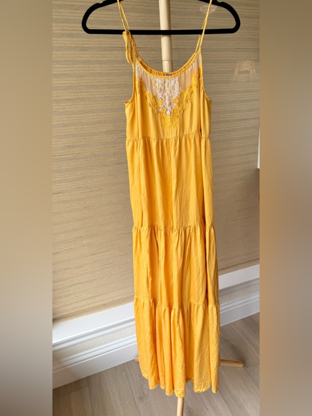 Free People Yellow Lace Trim Tiered Maxi Dress S/P EUC Boho - Picture 2 of 12